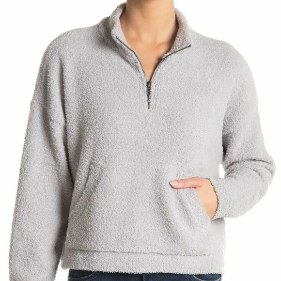 Nordstrom RDI Cozy Fuzzy Mock Neck Zip Pullover Sweatshirt Sweater Grey Medium - Picture 2 of 9